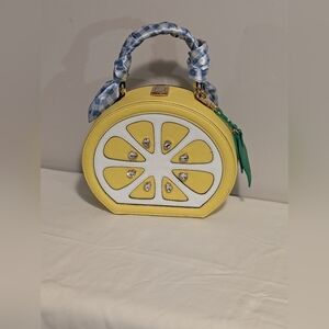 Aldo. Yellow and White Lemon Theme Handbag With Rhynstones. Crossover Handle.